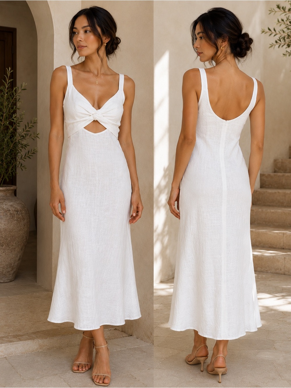 Sleeveless White Twist Front Cutout Midi Dress